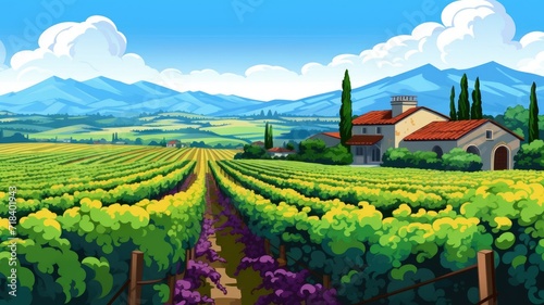 cartoon Rolling vineyards  wineries  and picturesque countryside.
