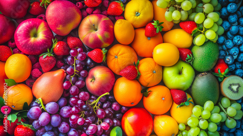 Array of mixed fruits in vibrant colors arranged to form a rainbow pattern