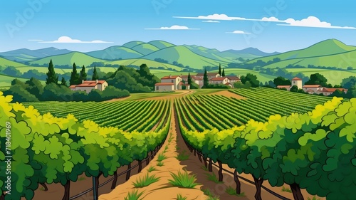 cartoon Rolling vineyards  wineries  and picturesque countryside.