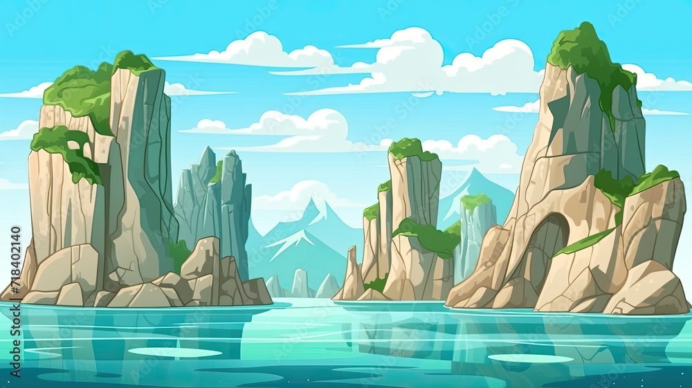 cartoon illustration Limestone formations and turquoise lagoons.