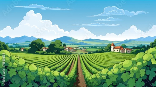 cartoon Rolling vineyards, wineries, and picturesque countryside.