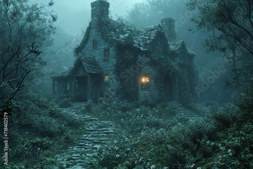 An old gloomy lost house in the woods in the wilderness