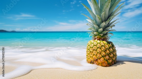 Summer background with pineapple on the seashore. Neural network AI generated art