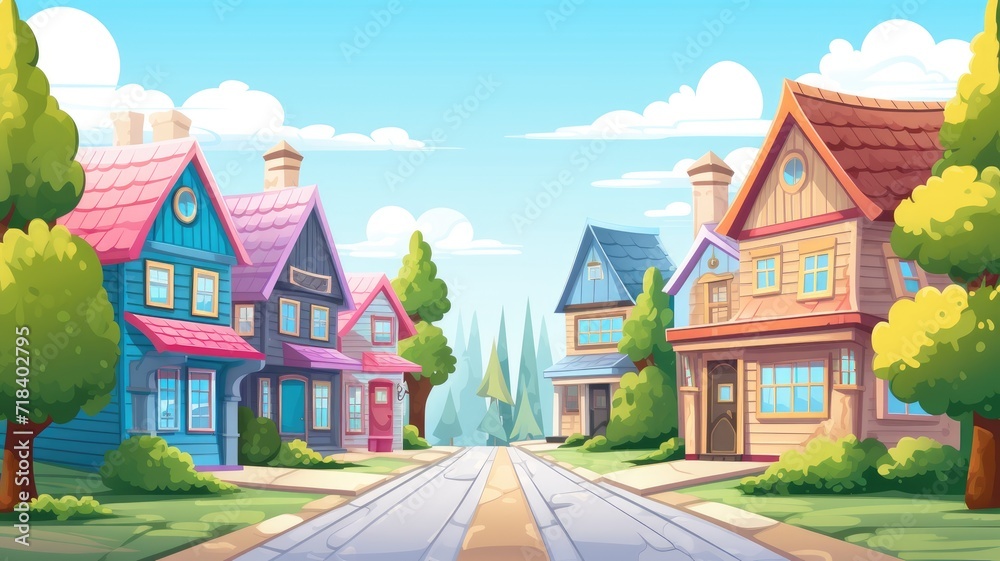 cartoon Old city street with chalet style houses.