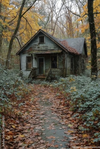 An old gloomy lost house in the woods in the wilderness