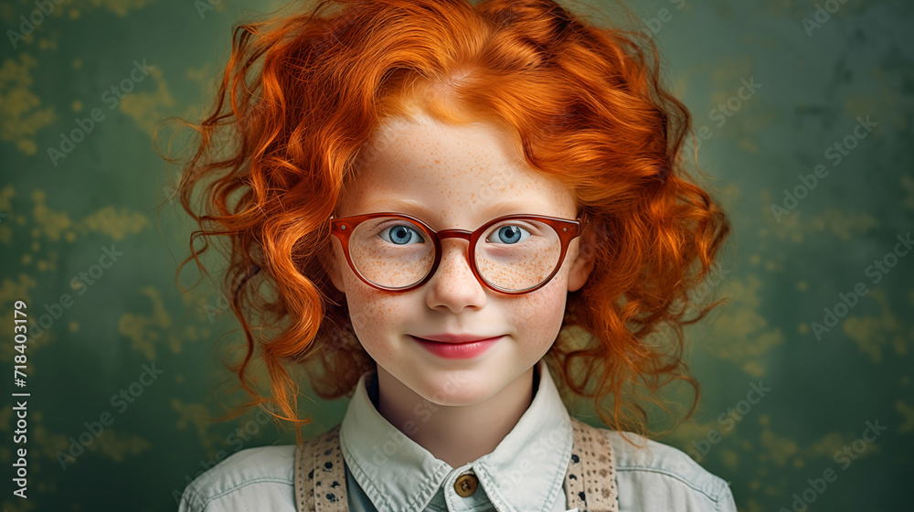 Portrait of a positive redhead girl schoolgirl wearing glasses on a green background. AI generated