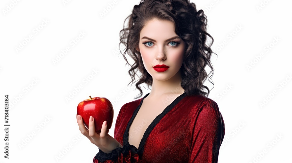 Woman with red apple on white background. Neural network AI generated art Woman with red apple on white background. Neural network AI generated art