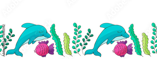 Marine seamless border. Children's fairy-tale drawing