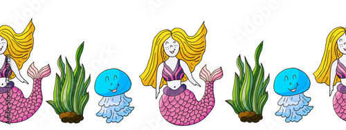Marine seamless border. Children's fairy-tale drawing