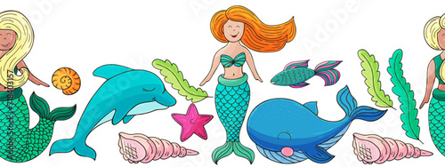 Marine seamless border. Children's fairy-tale drawing
