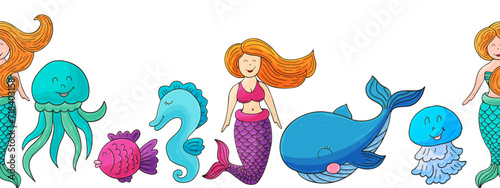 Marine seamless border. Children's fairy-tale drawing