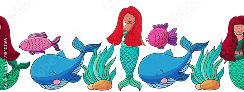 Marine seamless border. Children's fairy-tale drawing