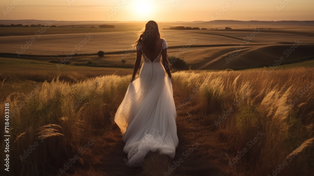 Woman in an elegant white dress in a field at sunset. Neural network AI generated art
