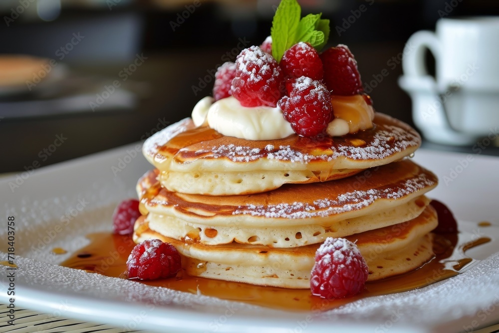 Pancakes with butter and maple syrup on a white plate. Pancakes with butter and maple syrup on a white plate.