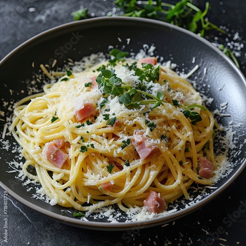 Pasta with ham and cream cheese. For the menu