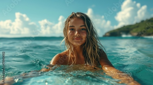 a young woman reclined on a surfboard in the ocean, summer day, ocean water calm and peaceful, relaxing beautiful atmosphere,