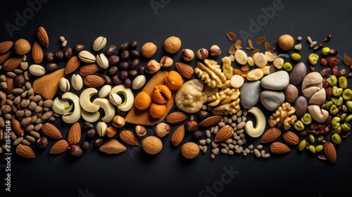  a variety of nuts and nutshells arranged in the shape of a rectangle on a black surface with a black background. photo