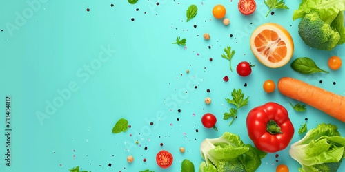 Various fruits and vegetables on a blue background with water splashes.