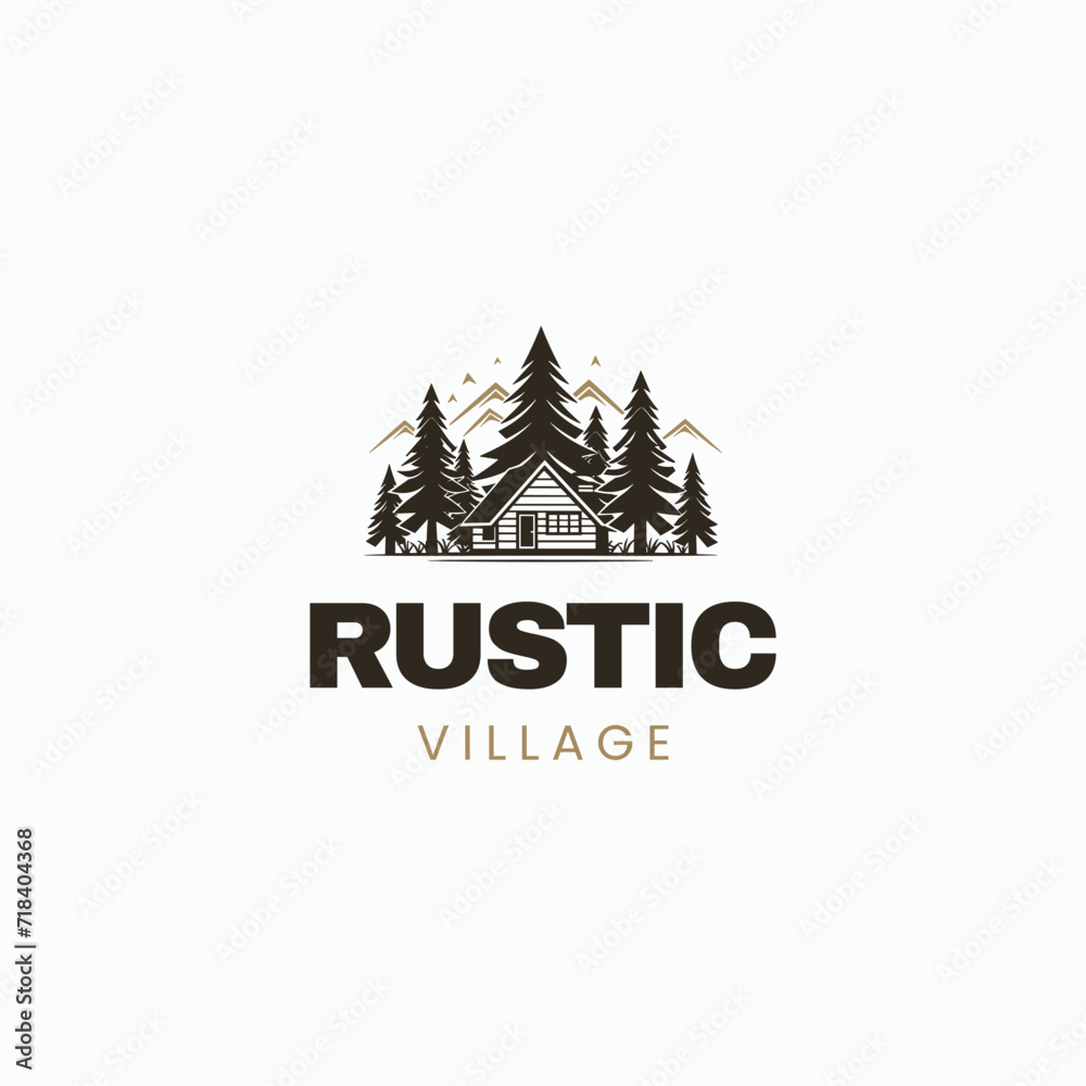 premium wooden cabin and mountain pine forest retro vector black logo