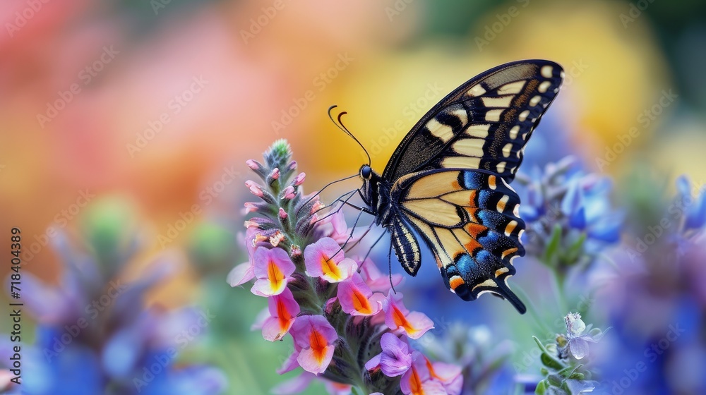 a flower garden with a large colorful butterfly a flower garden with a large colorful butterfly