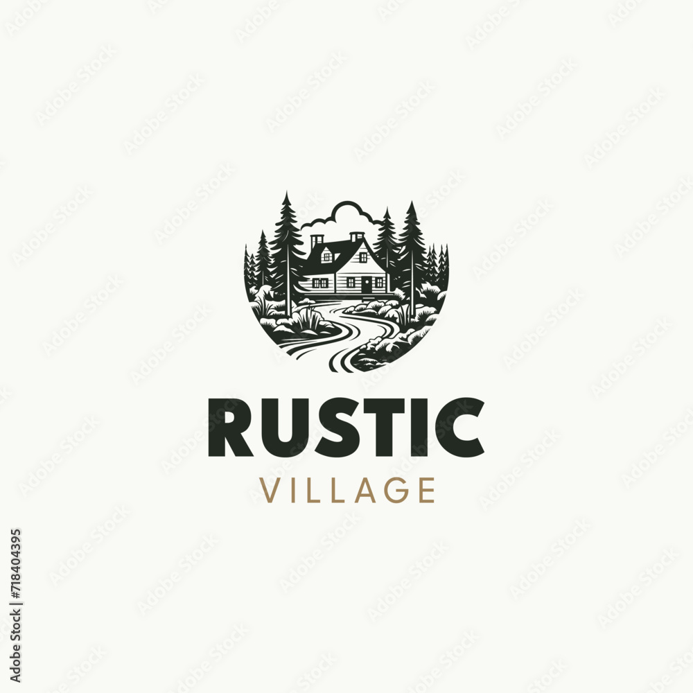 premium wooden cabin and mountain pine forest retro vector black logo