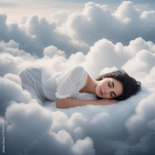A Black Haired Woman In A White Top Sleeps On Soft Comfortable Clouds, Illustration