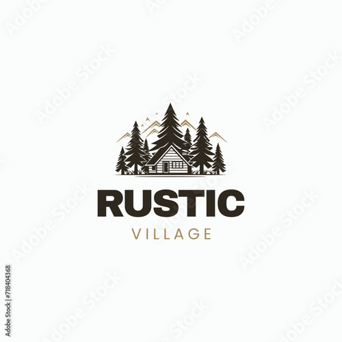 Obraz na płótnie premium wooden cabin and mountain pine forest retro vector black logo w salonie
