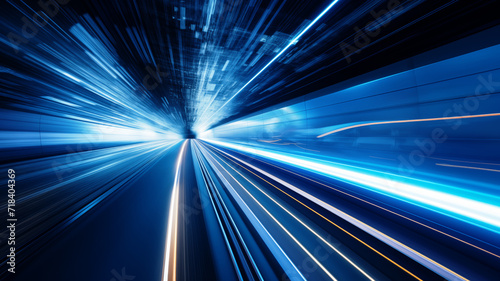 a hypermodern aerodynamic high speed train races through the night, abstract light trails background