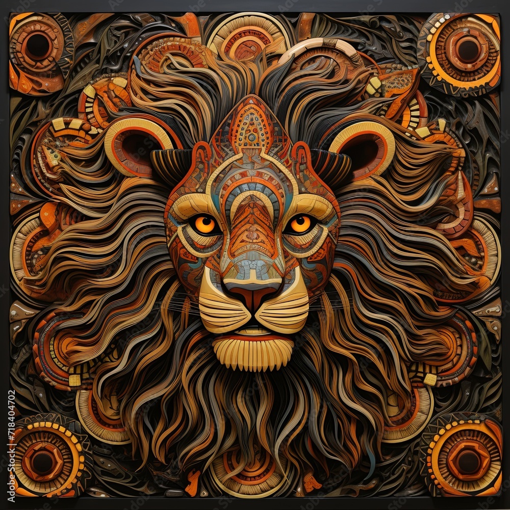 A painting of a lion with orange eyes
