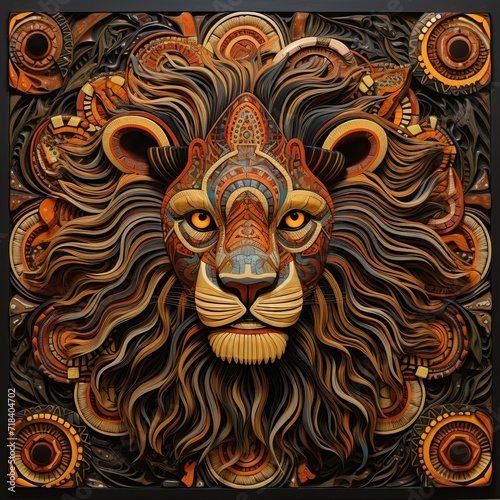A painting of a lion with orange eyes