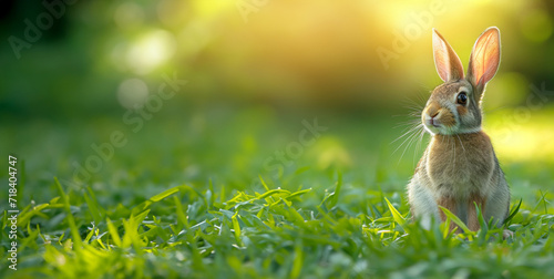 Generative AI image of A copy space banner of a cute little rabbit playing happily on the lawn