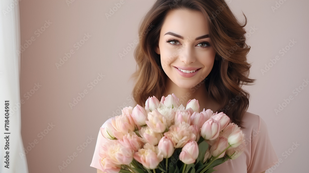 
the girl is standing with a large bouquet of tulips in her hands