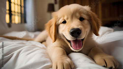 A dog with a cute face is lying on the bed