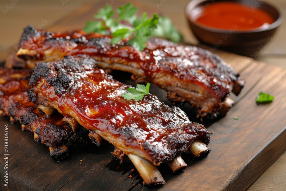 Grilled pork bbq ribs served with cherry tomatoes, basil and barbeque sauce on wooden cutting board on wood board.