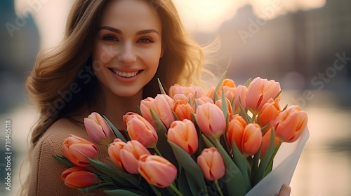  the girl is standing with a large bouquet of tulips in her hands