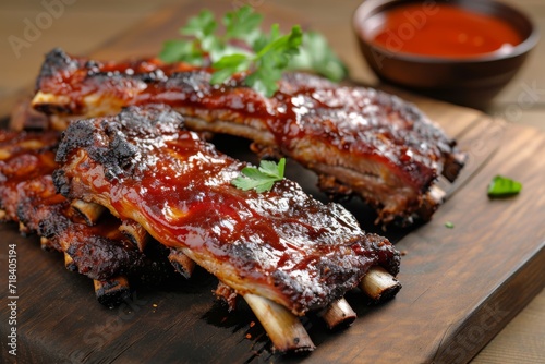 Grilled pork bbq ribs served with cherry tomatoes, basil and barbeque sauce on wooden cutting board on wood board. photo