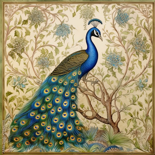 A painting of a peacock standing next to a tree