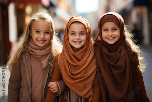 little muslim girls wearing hijab and smiling in a city in the middle east
