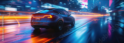 EV driving fast at night, d...