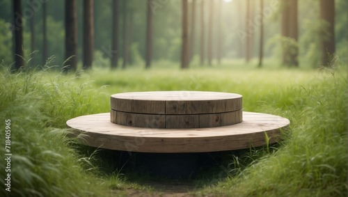 Round Wooden Podium Among Green Grass, Background Forest Hazy and Blurred, Copy Space 