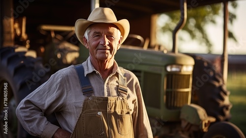 American senior male farmer standing next to the tractor 