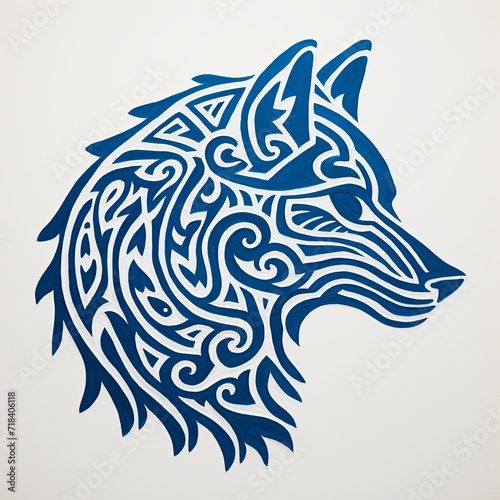 A blue and white drawing of a wolf's head