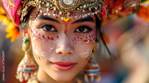 a Balinese dancer's traditional clothing, facial paint, and expressive eyes , close up photo