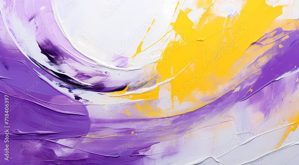 Fototapeta premium Abstract painting in yellow, white and purple with large brush strokes