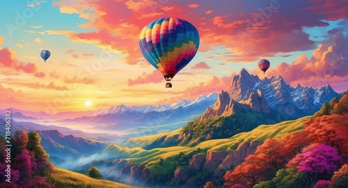 A hot air balloon flying over a mountain. Generative AI.