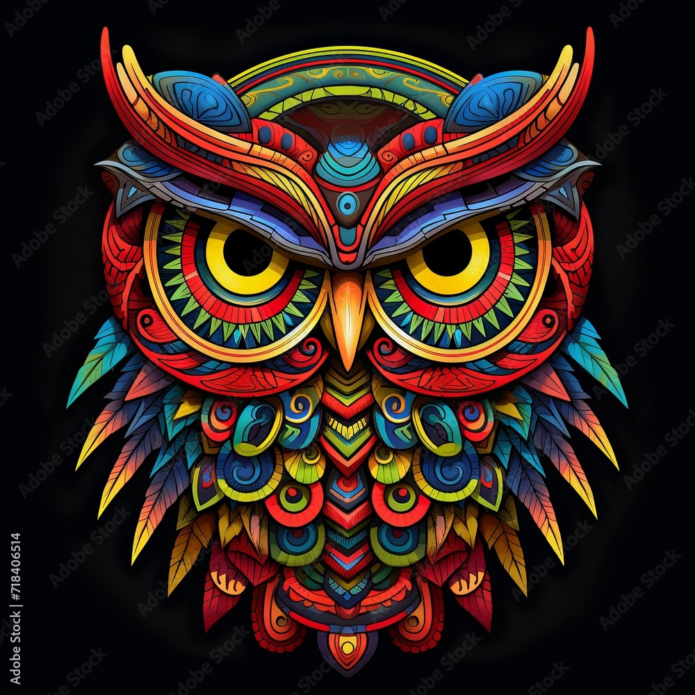 A colorful owl with big eyes on a black background