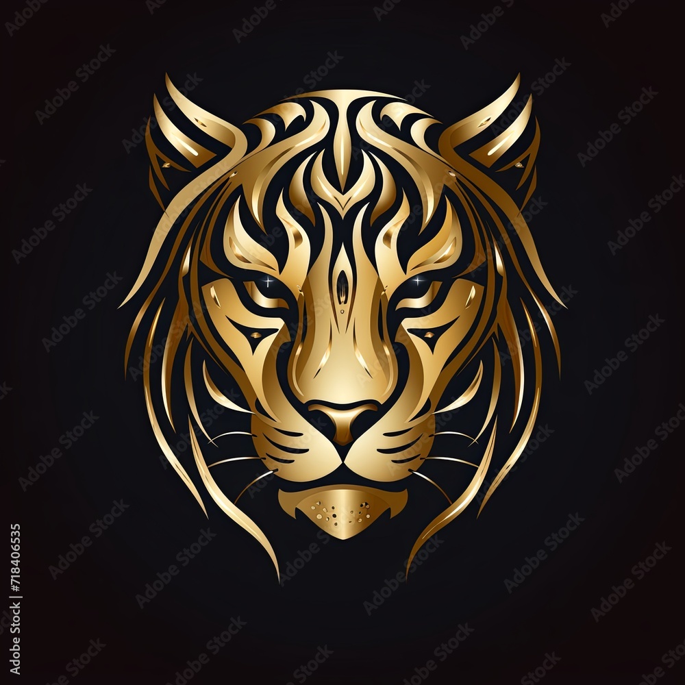 A golden tiger's head on a black background