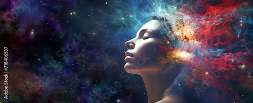 I am connected to all that is - beautiful female face eyes closed against celestial cosmic Universe background with copy space ideal for a spiritual Divine Feminine theme