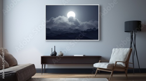  a living room with a couch, chair and a painting on the wall of a night sky with a full moon.