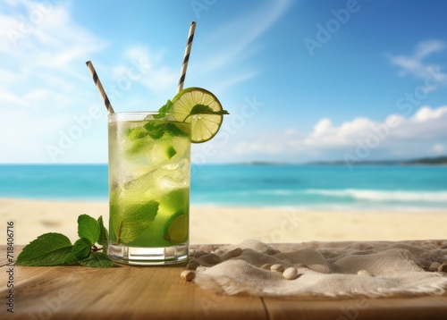 Mojito cocktail on the beach. Generative AI.